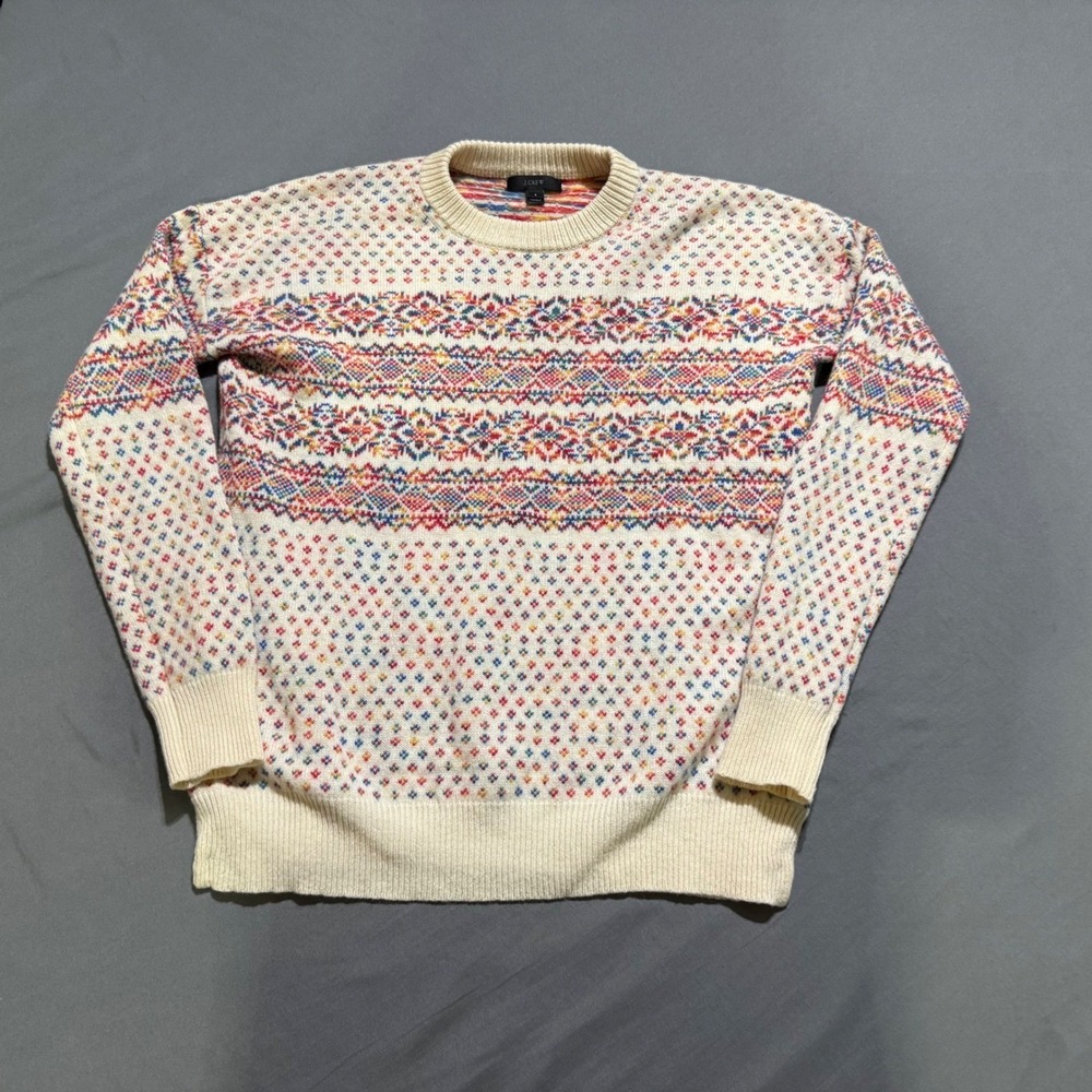 J.Crew Fair Isle Sweater womens Small Ivory Multi Color 100% Wool Crewneck Knit